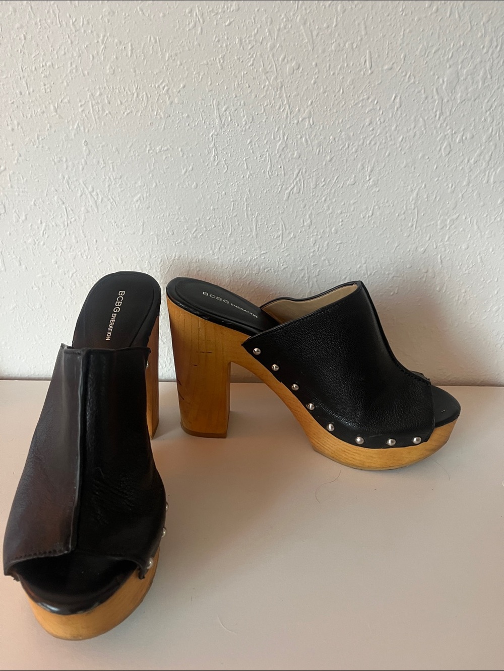 BCBG Black Leather Clog Mules with Wood Platform Heel
